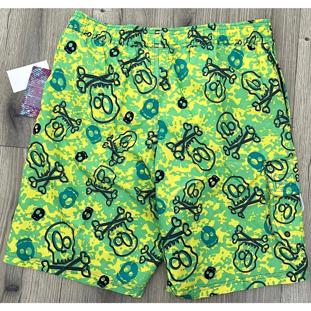 TYR Boys Skull Crossbone Challenger Swim Trunks - Yellow Green - Size XL 16-18